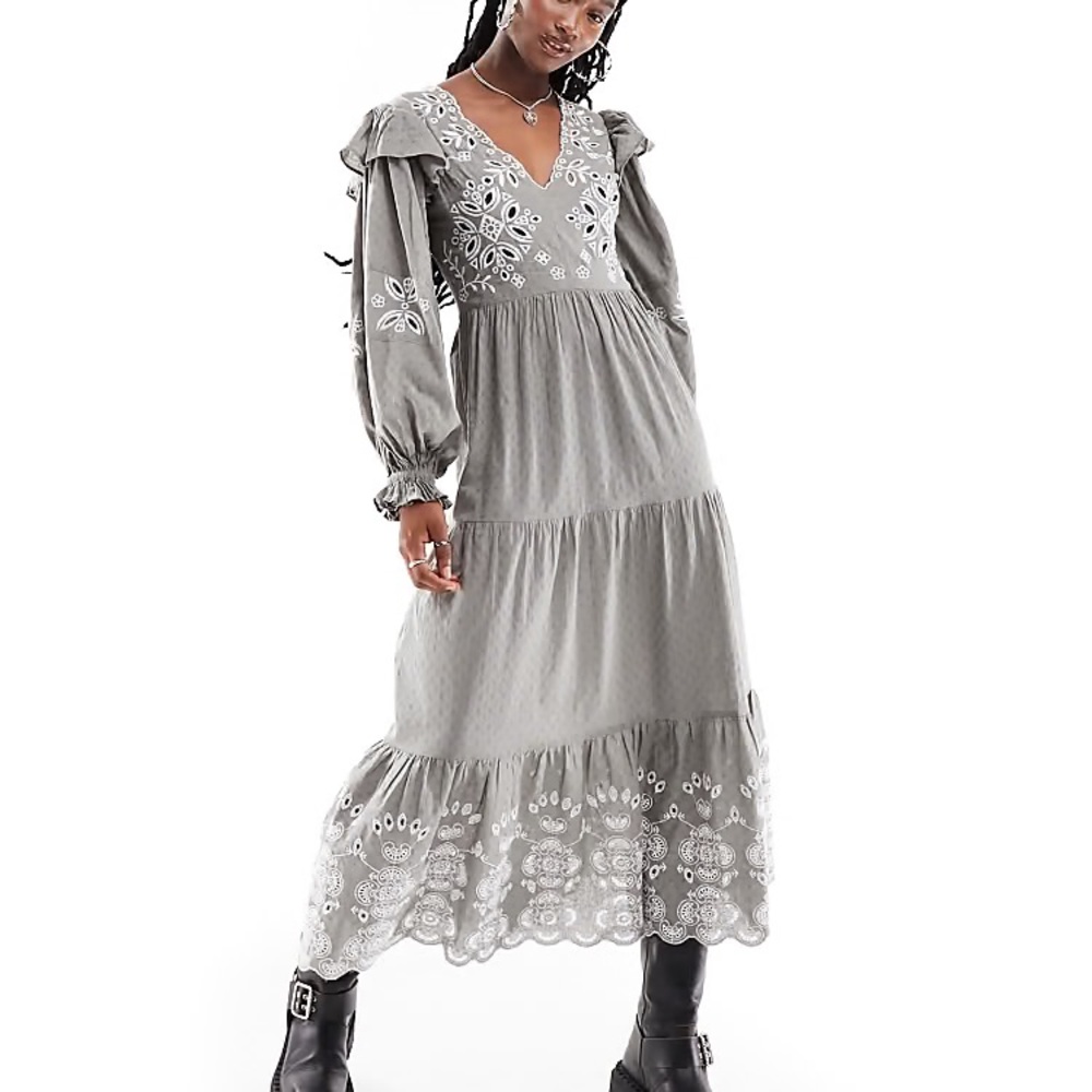 Reclaimed Vintage Winter Cutwork Prairie Maxi Dress in Grey Washed Khaki